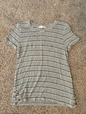 Grey Striped Short Sleeve Tee with Lace-Up Hem